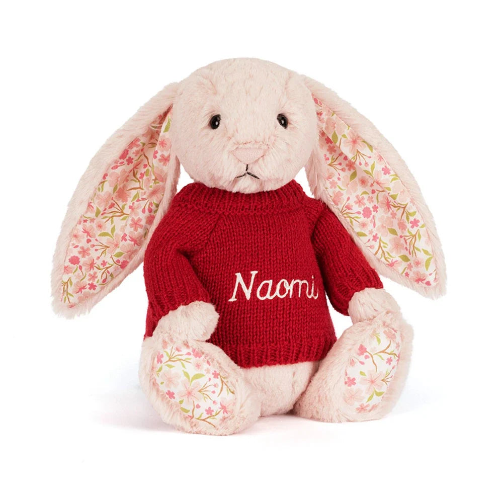 Blossom Blush Bunny 'Cherry' with Personalised Red Jumper